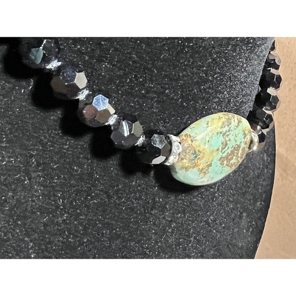 Vintage Rachel Abroms Choker Necklace Black Crystals Turquoise Pendant 14.5” - Picture 5 of 9